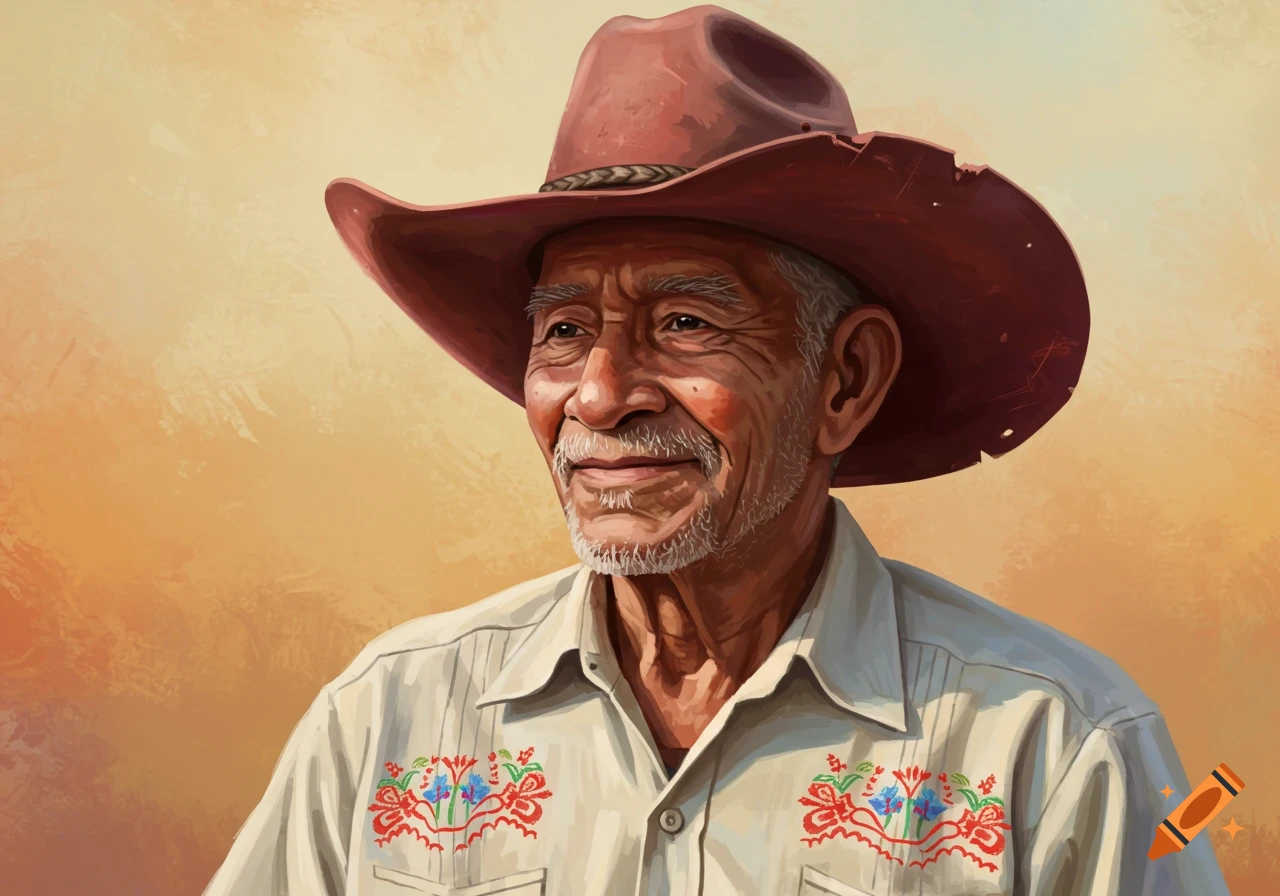 Digital painting of an old man in a cowboy hat and embroidered shirt.