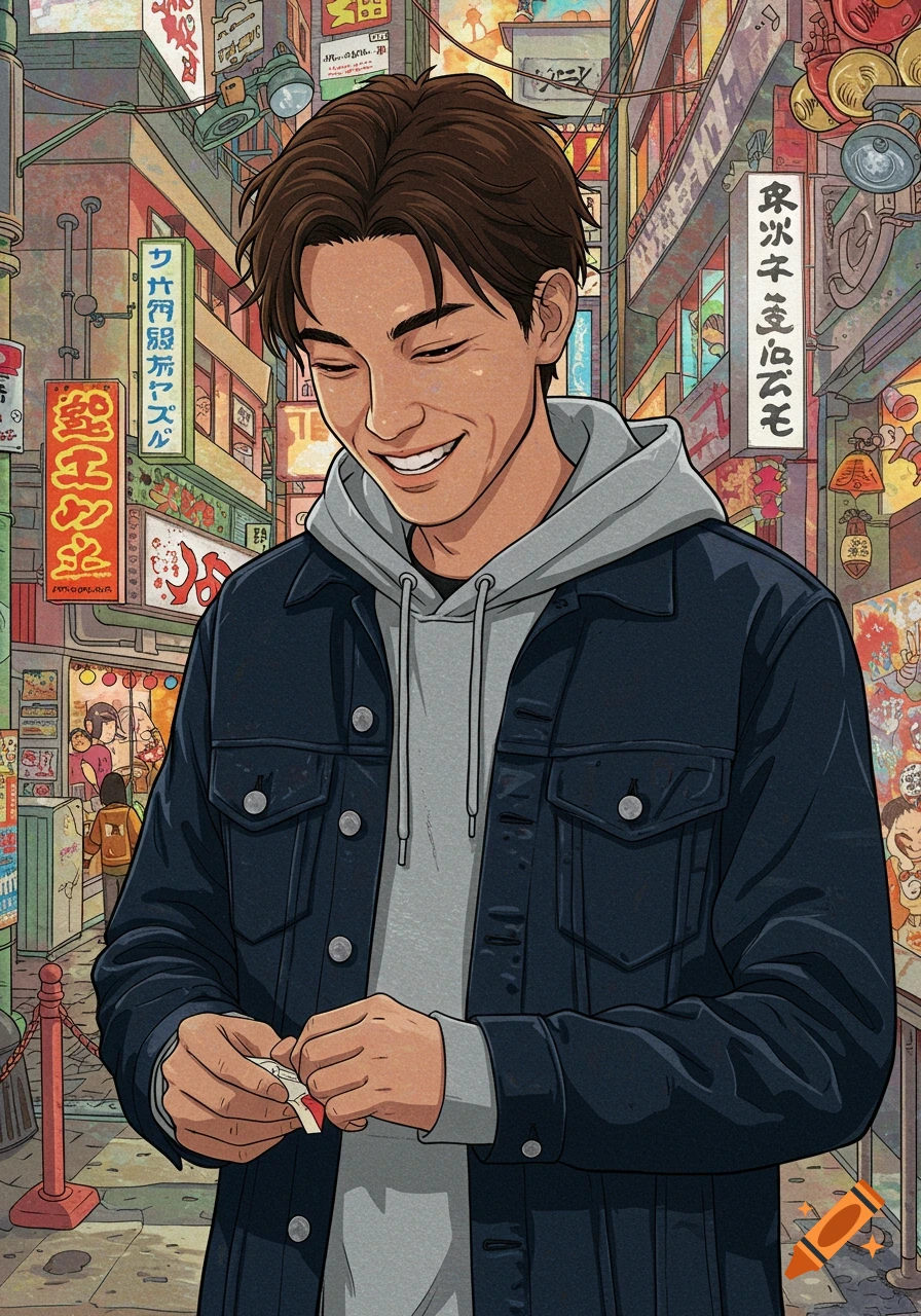Illustrated portrait of a smiling young man in a denim jacket and hoodie standing on a street in Japan