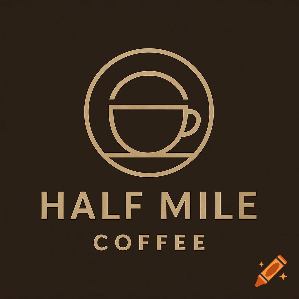 Logo for Half Mile Coffee featuring a stylized coffee cup icon above the words HALF MILE and COFFEE on a dark brown background.