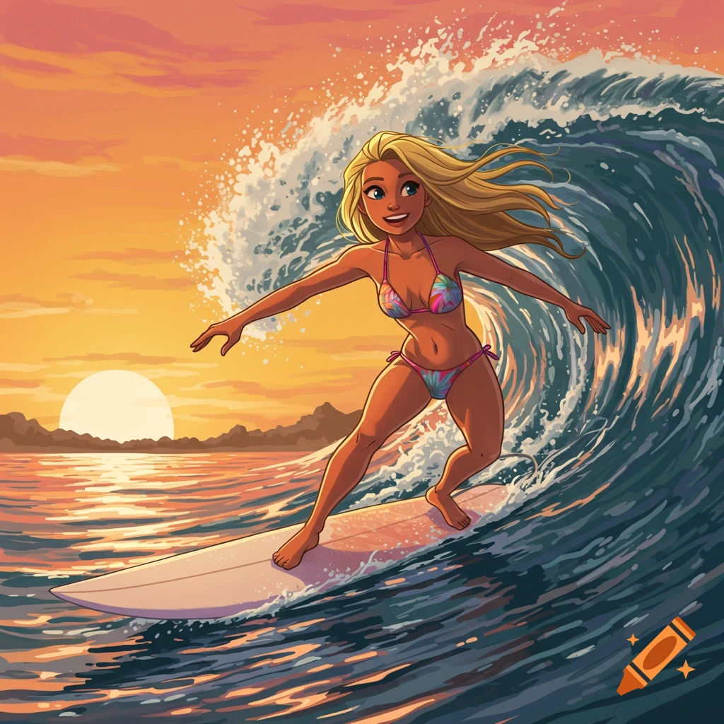 Illustration of a woman surfing a wave at sunset.