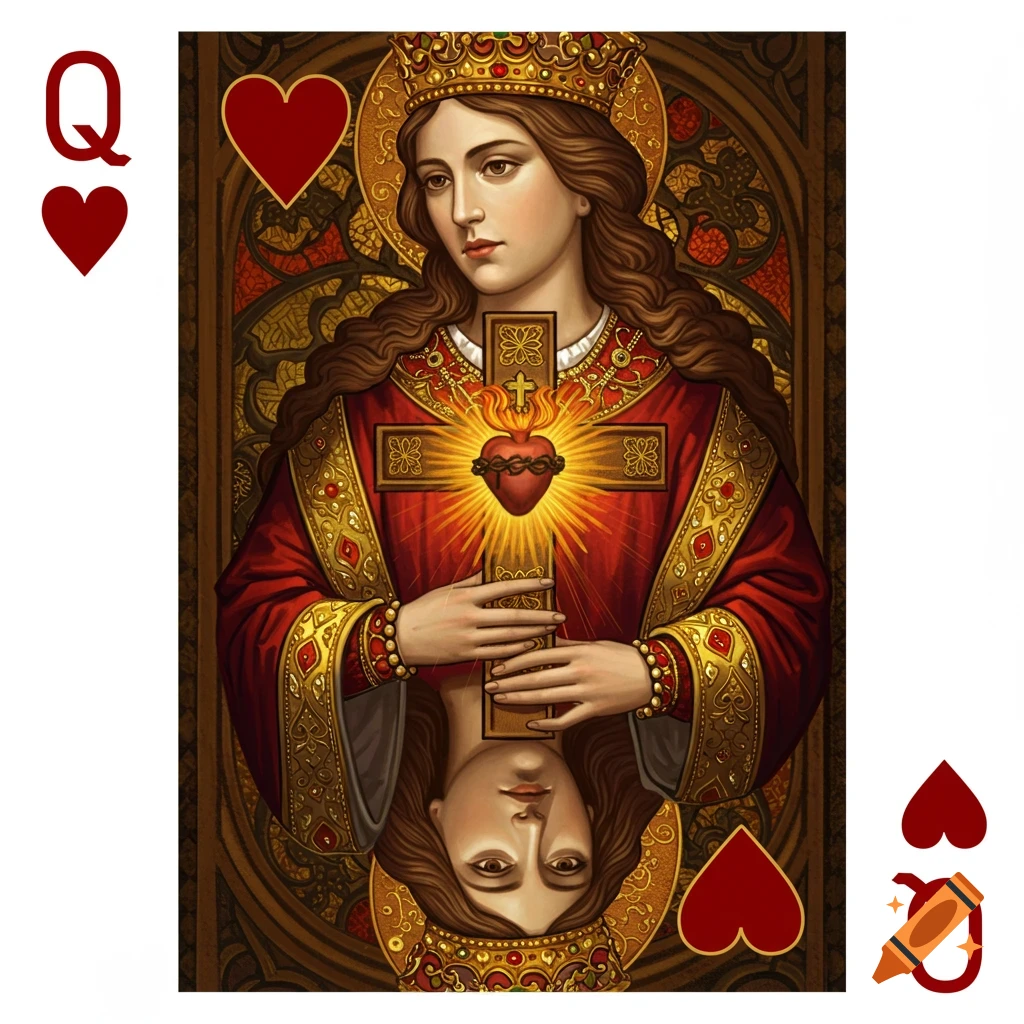 Queen of Hearts playing card with religious figure holding a cross and sacred heart, in a detailed art style.