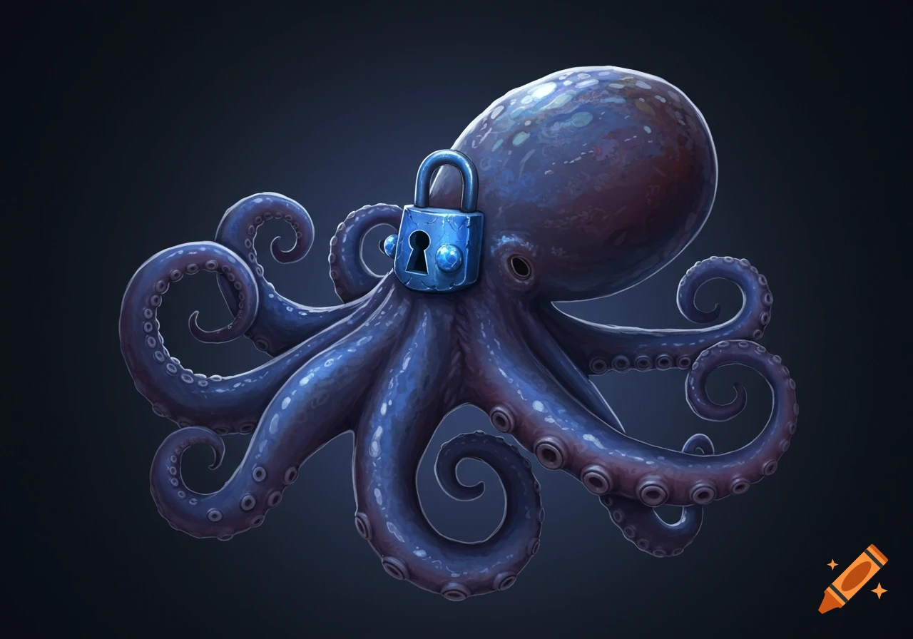 An illustrative rendering of a blue and purple octopus with a blue padlock on its mantle.
