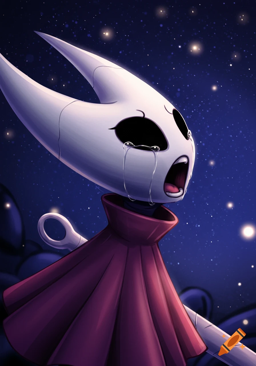 Hornet from Hollow Knight screaming and crying under a starry night sky, illustration