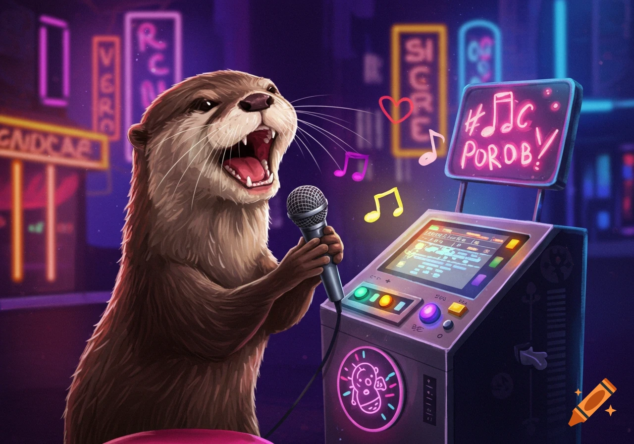 An otter sings karaoke into a microphone under neon lights.