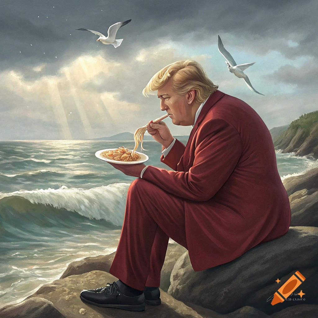 Painting of Donald Trump eating spaghetti with chopsticks by the ocean.