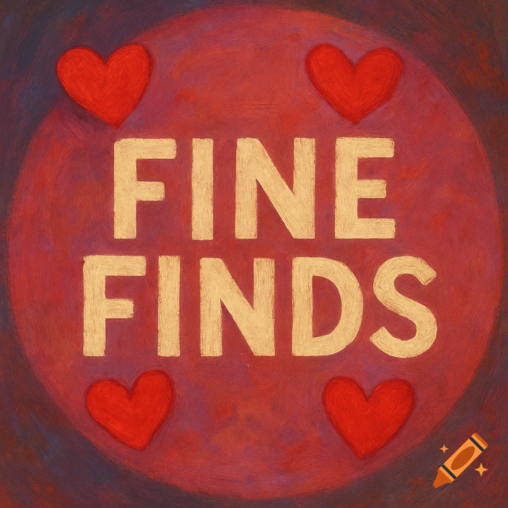 Red circular graphic with the text 'FINE FINDS' and four red hearts