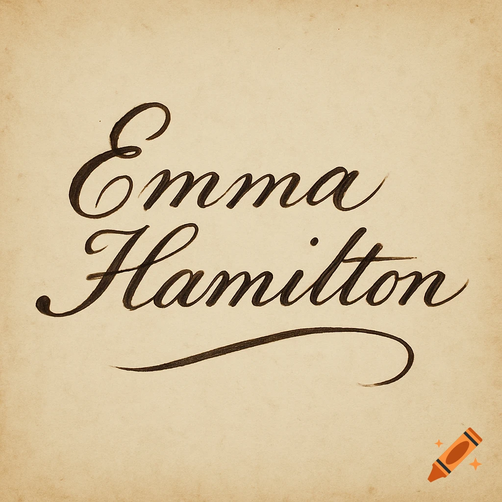 Calligraphy of 'Emma Hamilton' on aged paper.