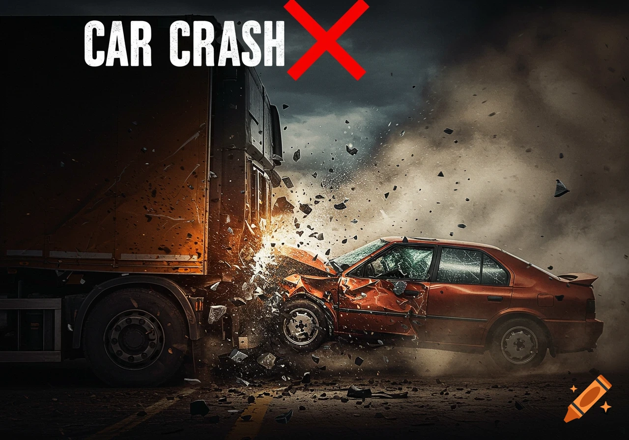 A dramatic photo of a red car crashing violently into the side of a large truck, with debris flying.