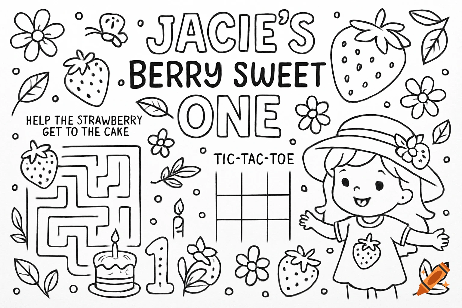 Black and white coloring page with girl, strawberries, flowers, maze, tic-tac-toe grid, and first birthday party text.