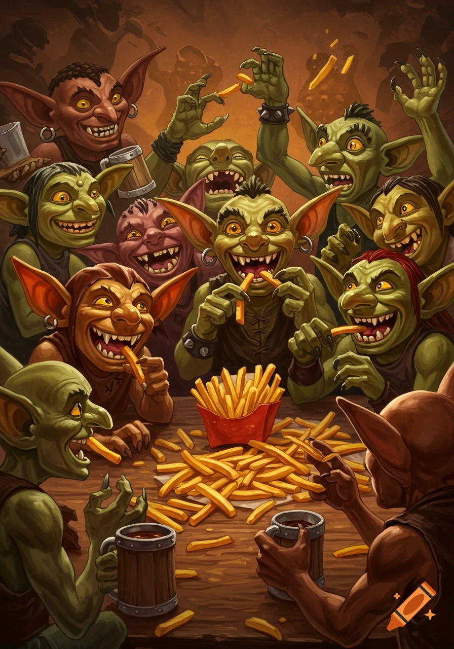 Cartoon goblins happily eating french fries around a table.