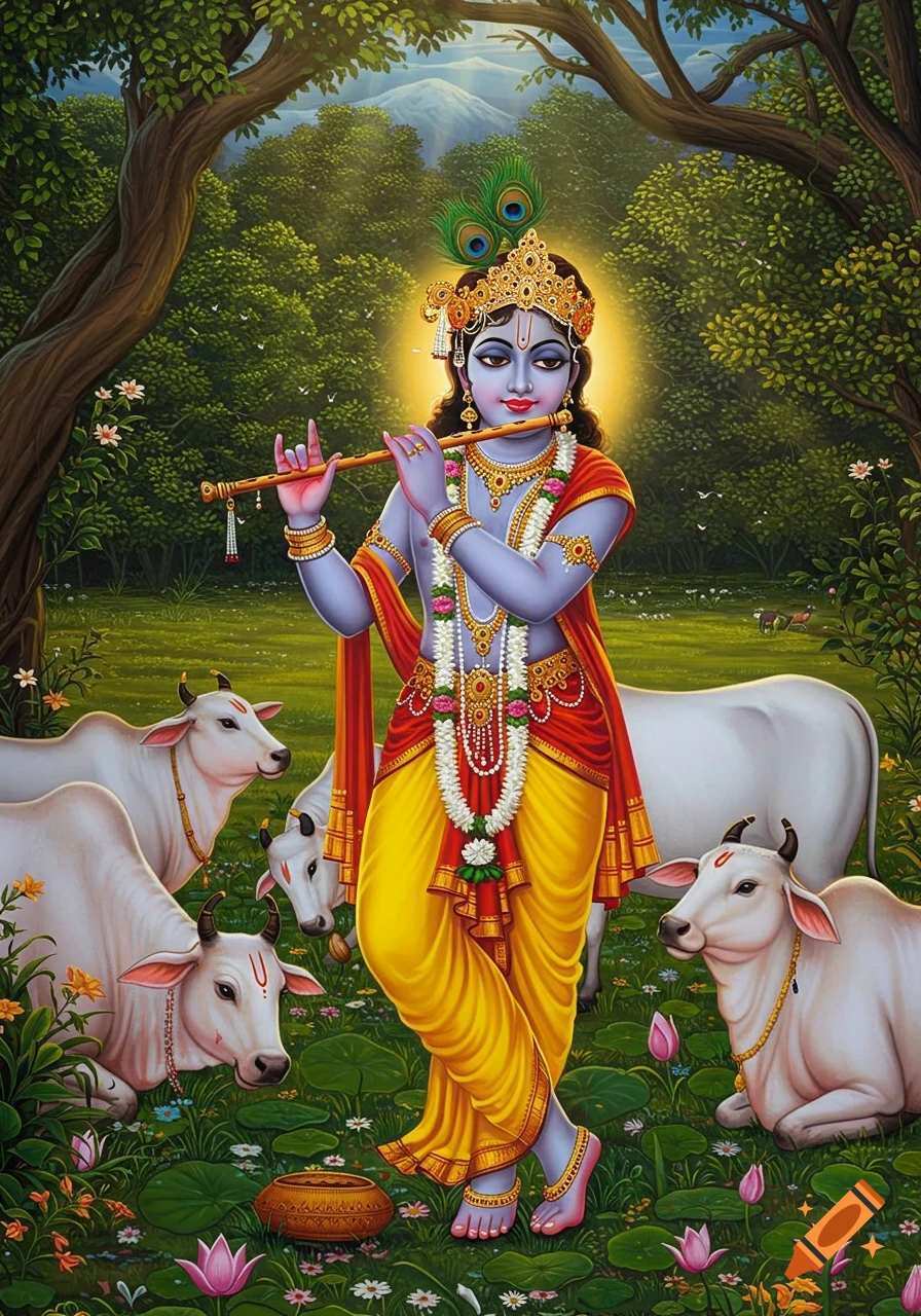 Painting of Krishna playing a flute in a forest clearing with cows.