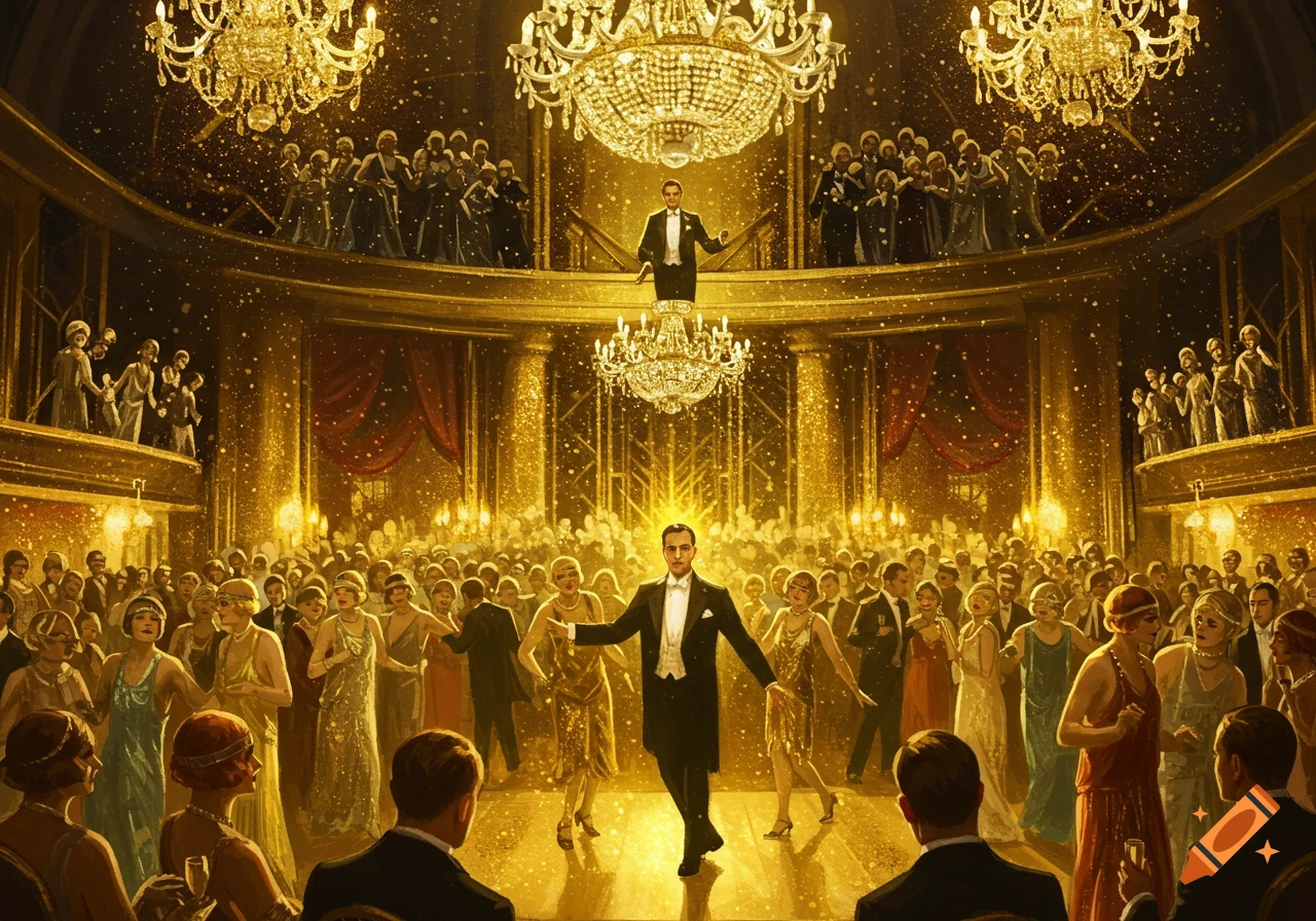 A glamorous Great Gatsby-style party in a gold ballroom with people dancing and chandeliers, with a man in a tuxedo prominent.