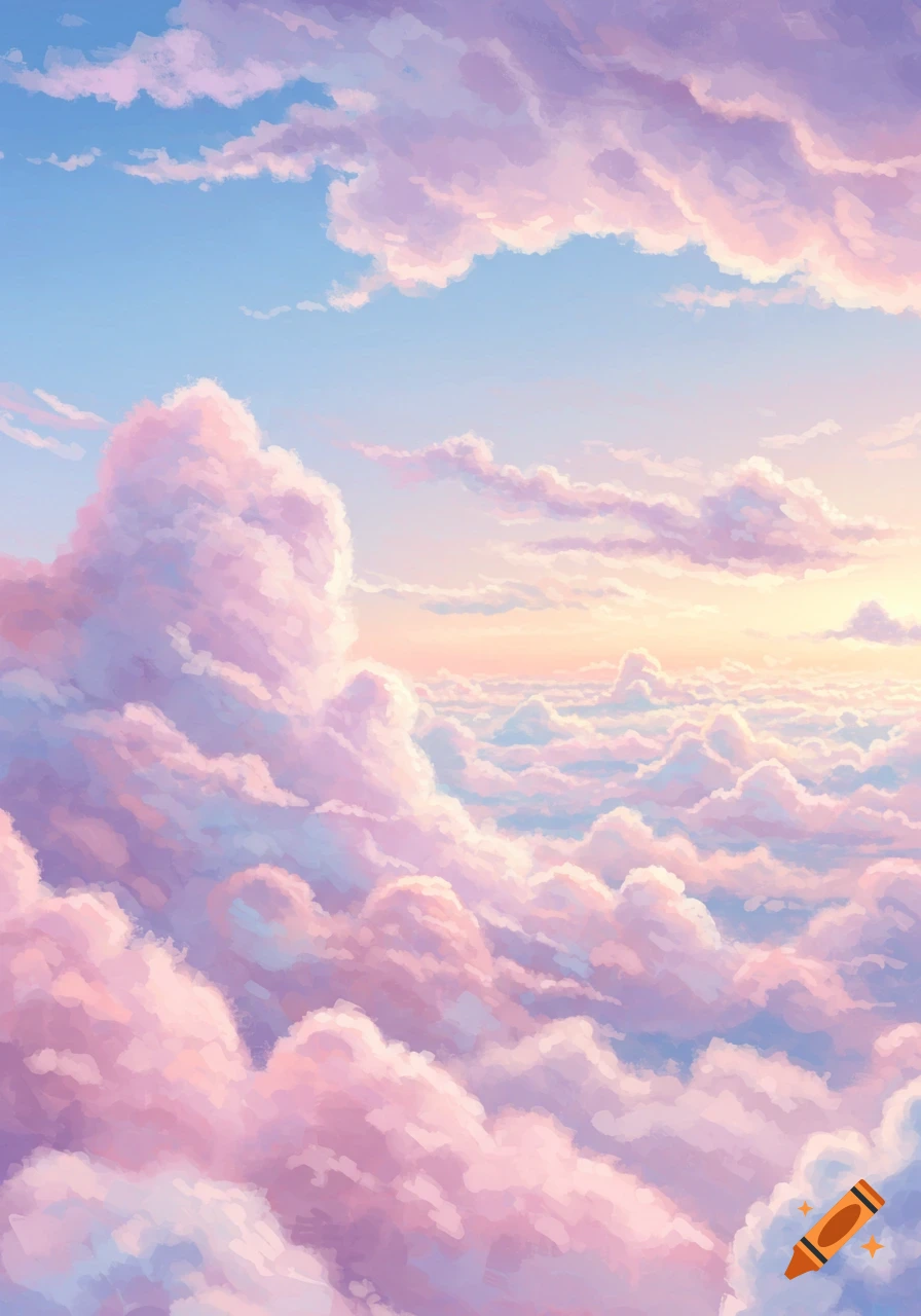 Pastel-colored, fluffy clouds fill the sky from a high perspective.