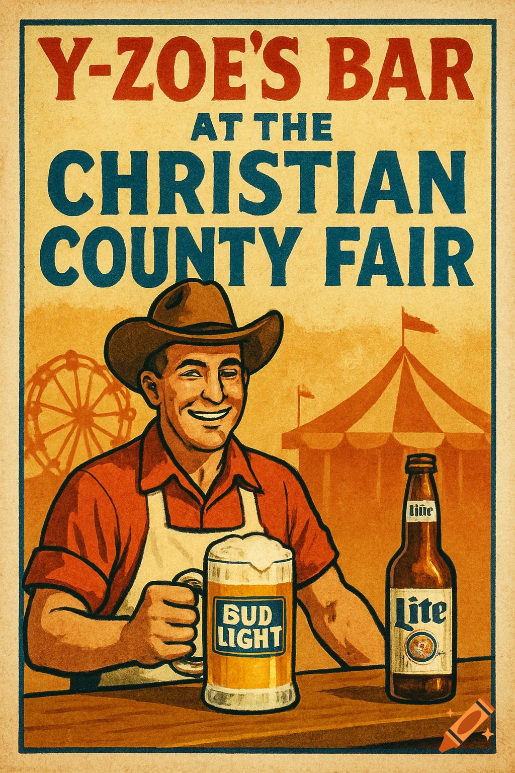 Vintage fair poster of a man in a cowboy hat holding a beer mug at a bar, with a Ferris wheel and tent in the background.