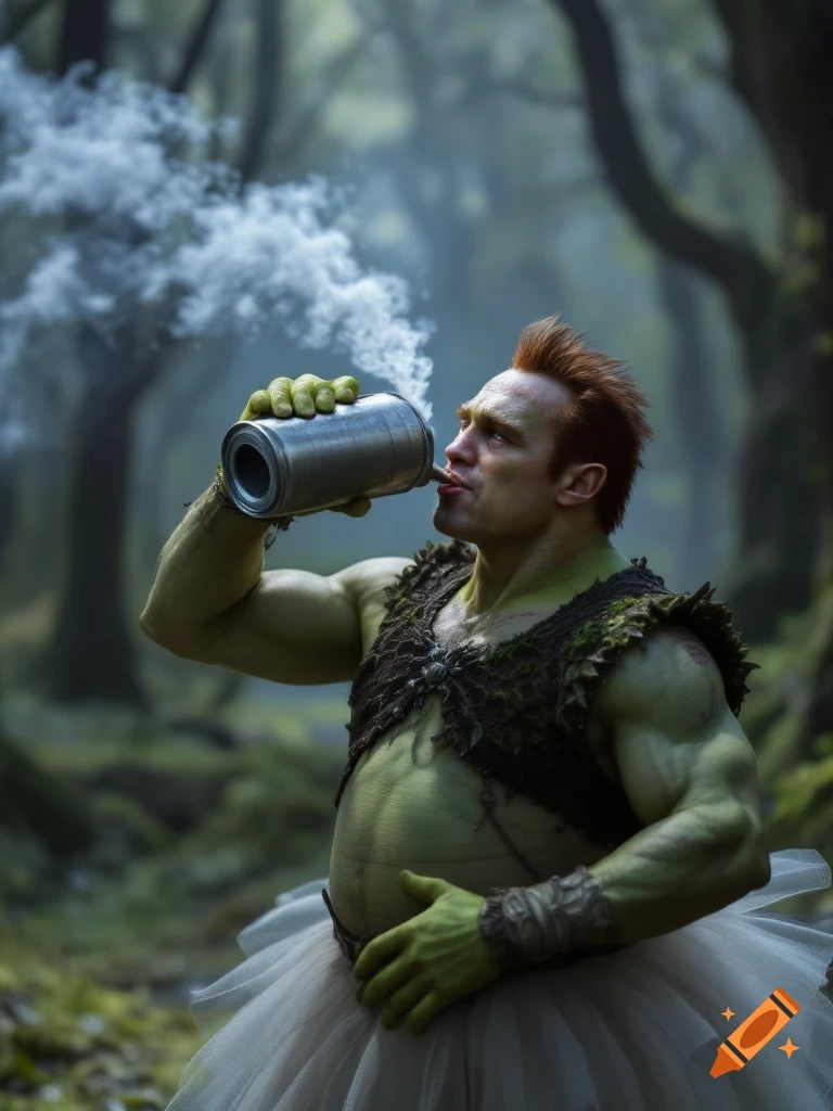 A muscular, green-skinned figure with red hair and a tutu drinks from a metal can in a forest.