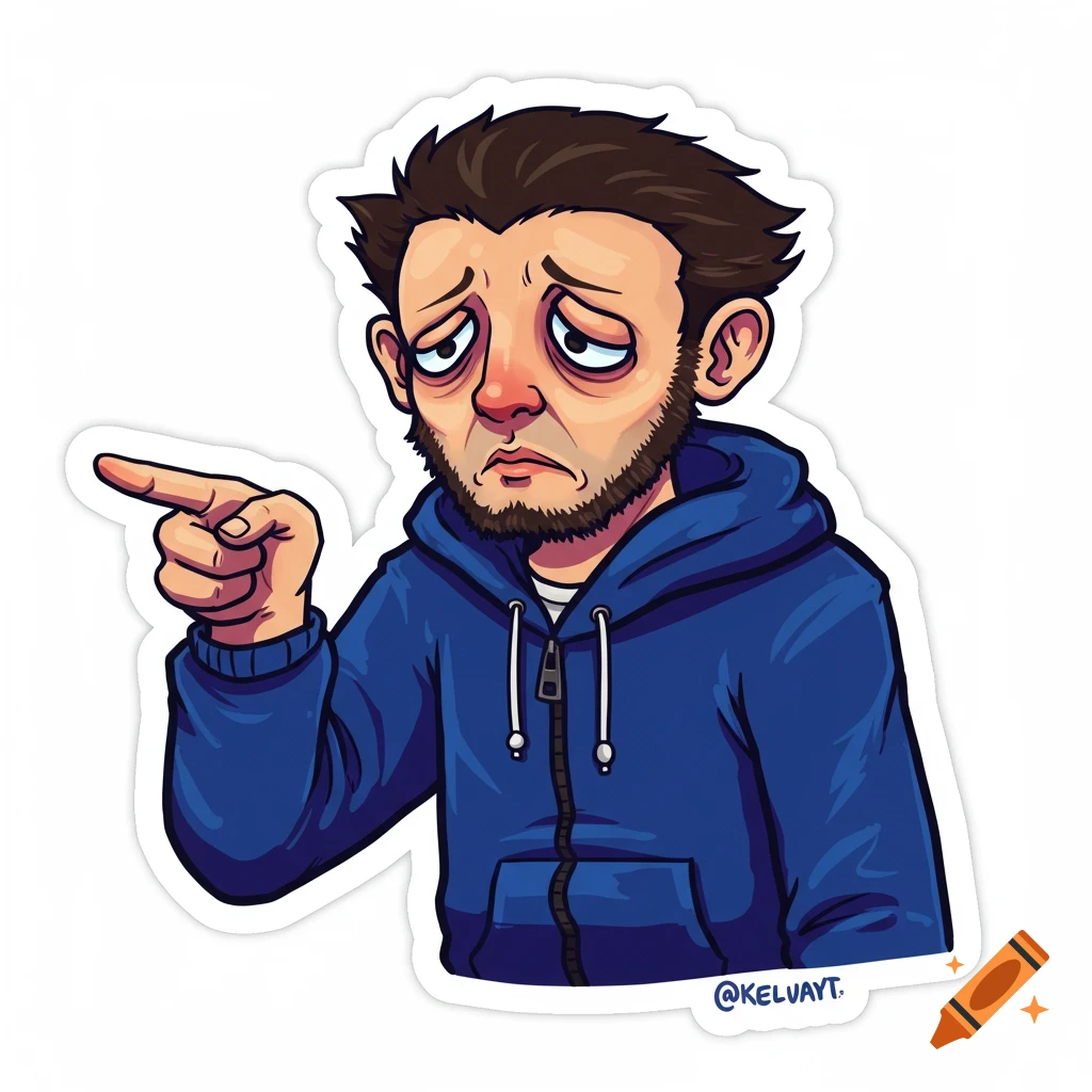 A cartoon sticker of a sad-looking man pointing.