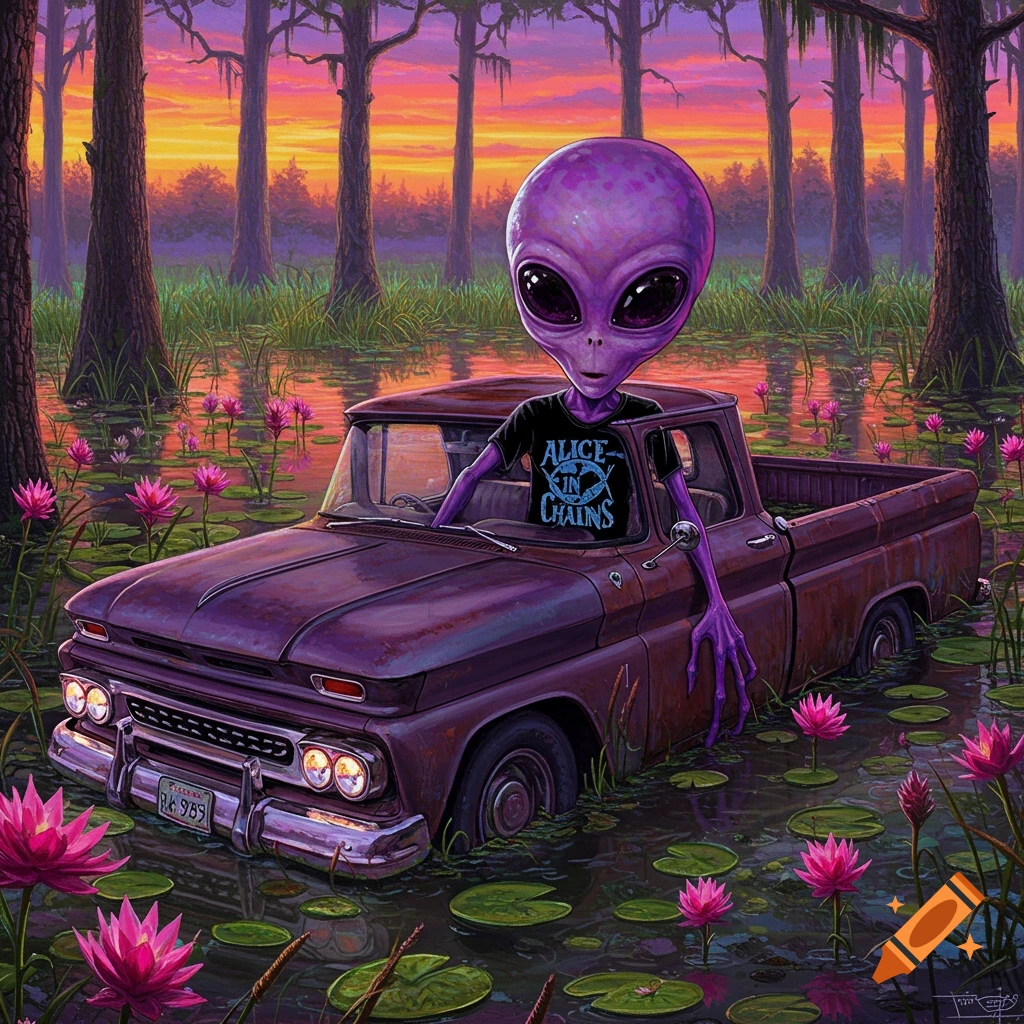 Purple alien in a purple pickup truck in a swamp with water lilies at sunset.