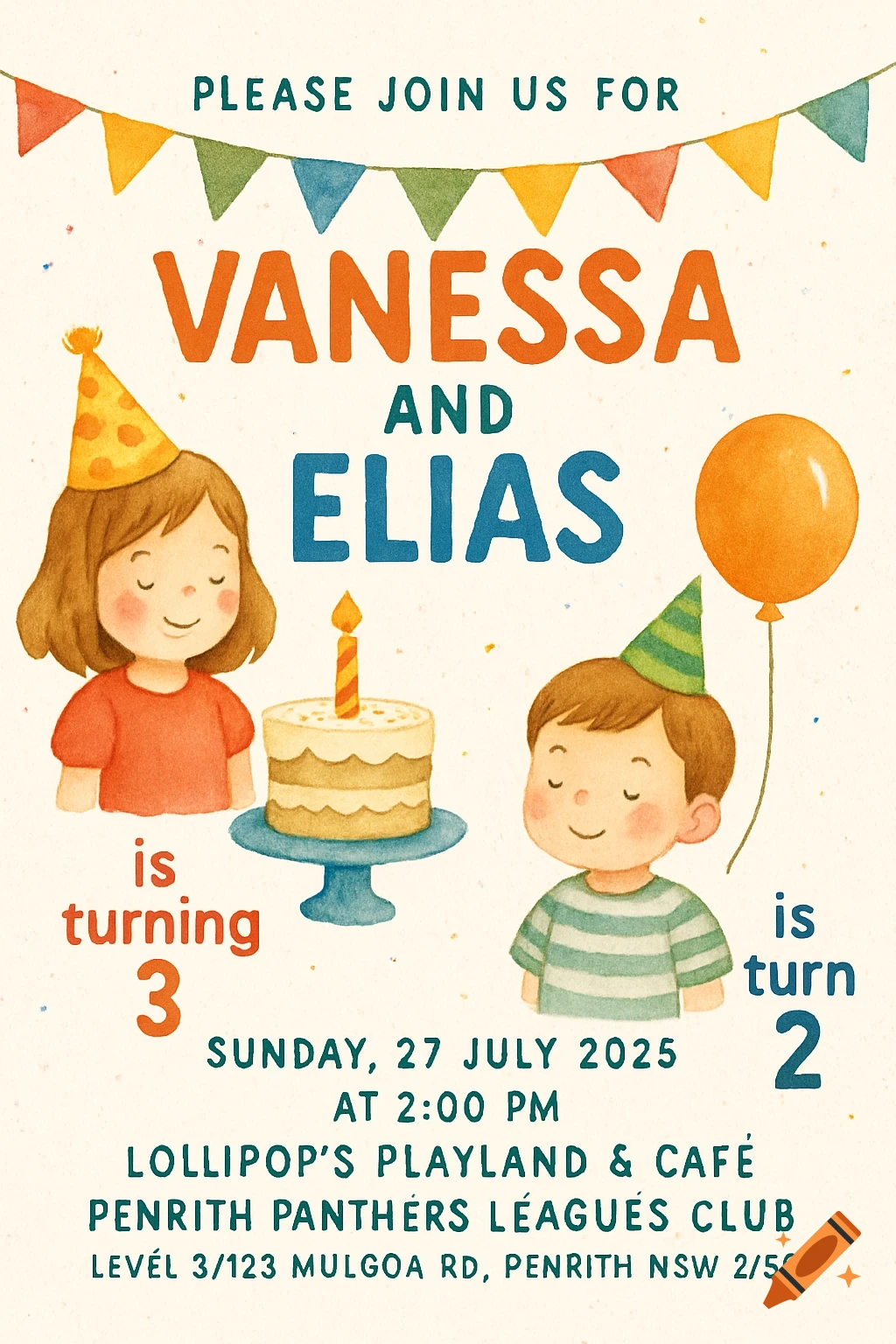 A watercolor birthday invitation featuring two children, a cake, balloons, and party details.