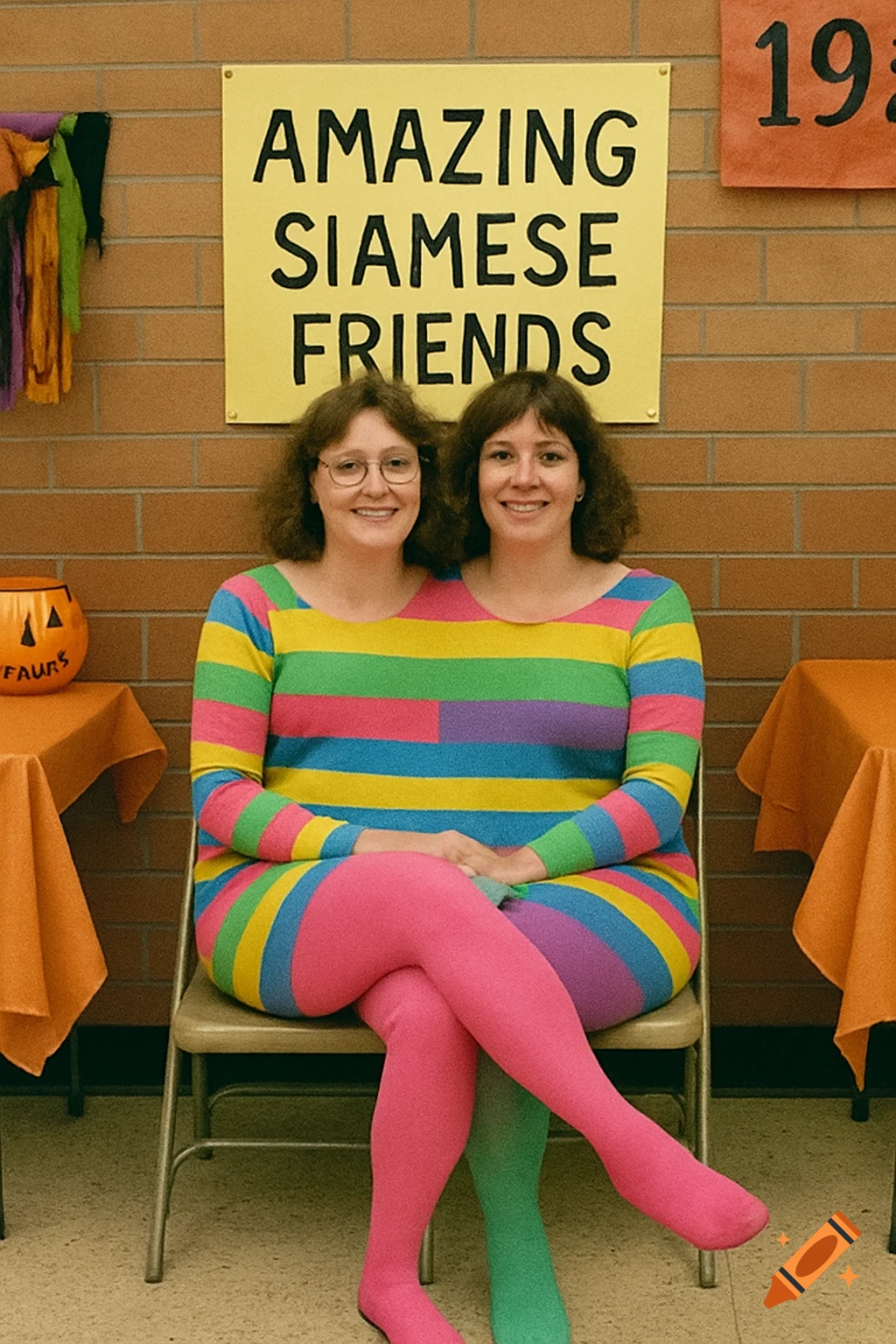 Vintage photo of two women in a merged body costume with three legs sitting under a sign that says 'AMAZING SIAMESE FRIENDS'