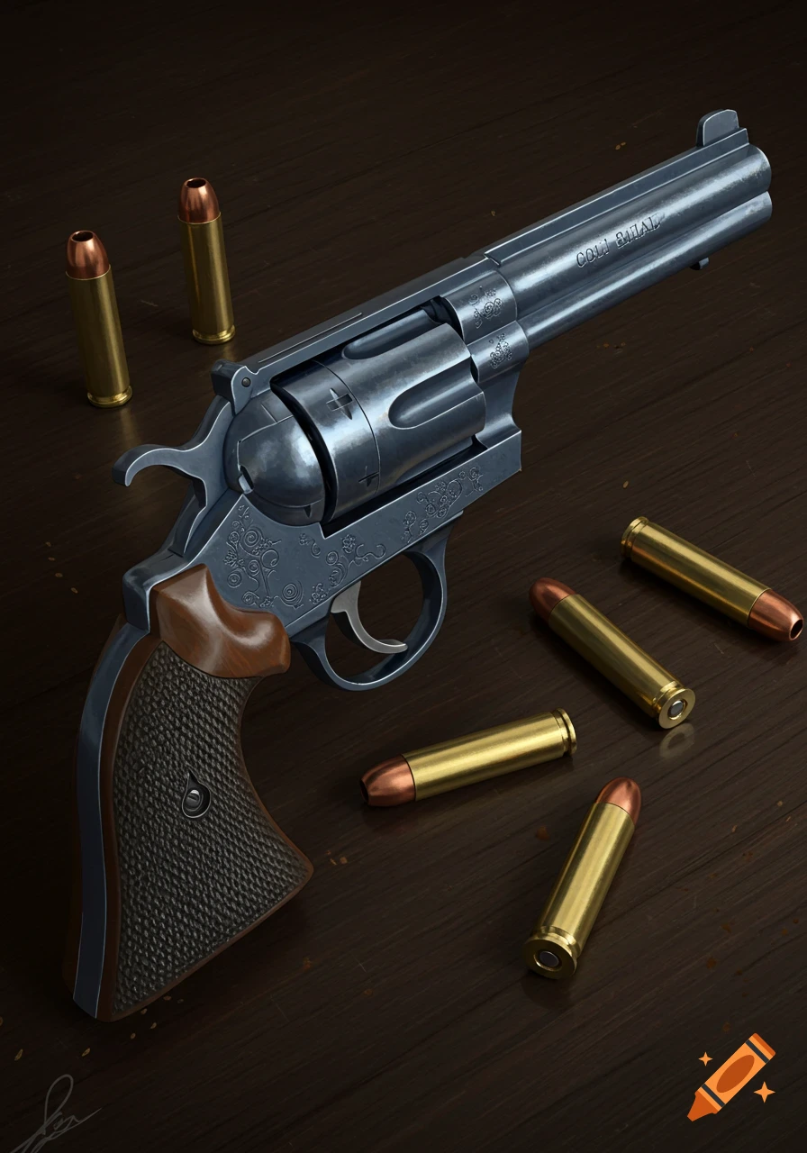 A realistic rendering of a revolver and bullets on a wooden surface