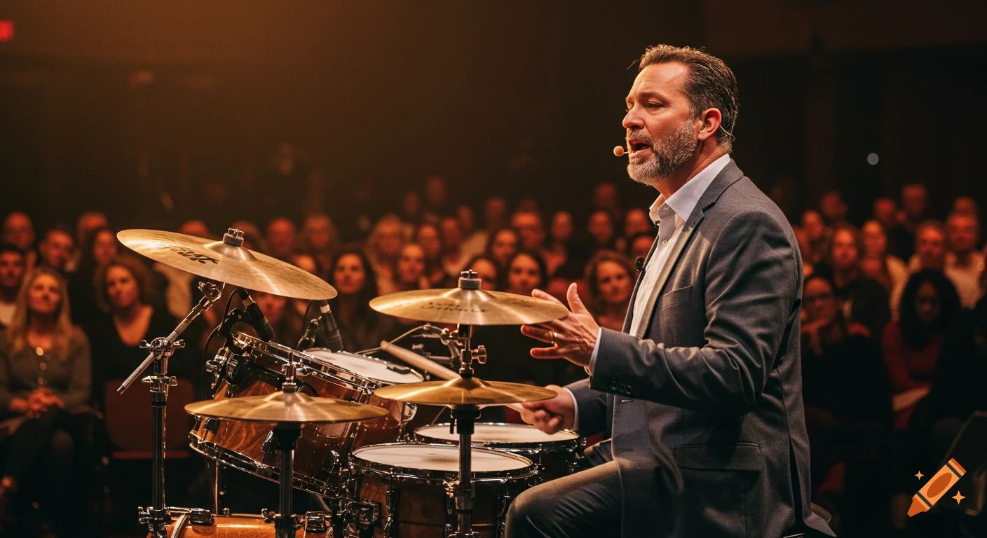 A man plays drums while speaking into a microphone, with an audience visible in the background.