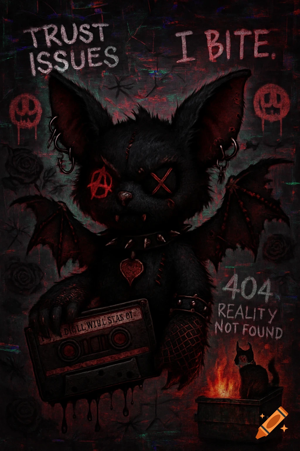 A black plush bat creature with stitched eyes and wings holds a dripping cassette tape against a dark background with text and a burning dumpster.