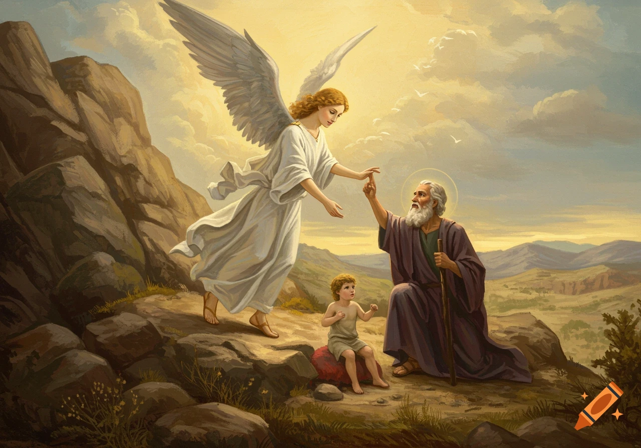 Painterly depiction of an angel stopping Abraham from sacrificing Isaac on a rocky hill.