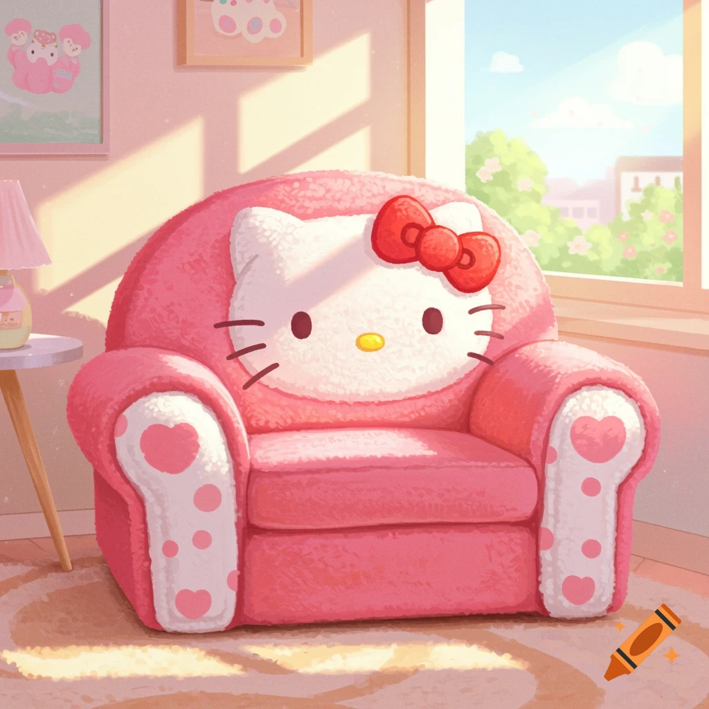 A pink armchair shaped like Hello Kitty in a sunny room