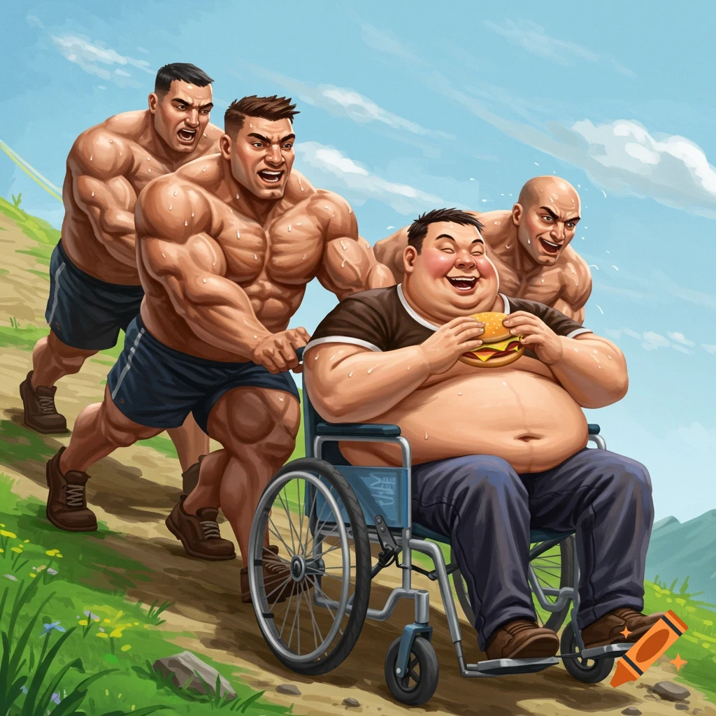 Muscular men push a man in a wheelchair eating a burger up a hill.