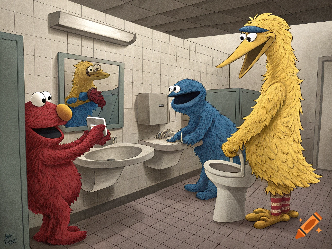 Elmo takes a selfie in a bathroom as Cookie Monster washes his hands and Big Bird stands nearby.