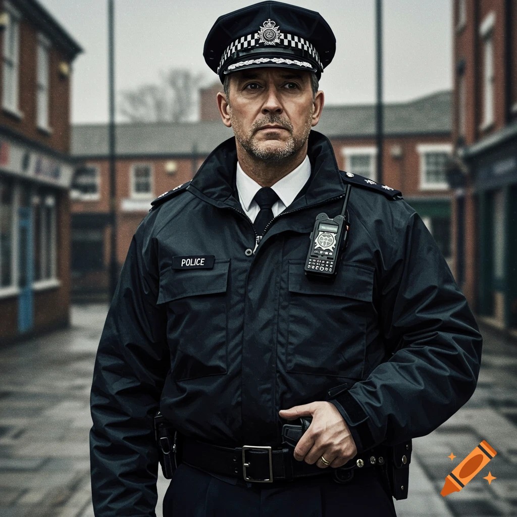 A man in a UK police uniform stands in a street.