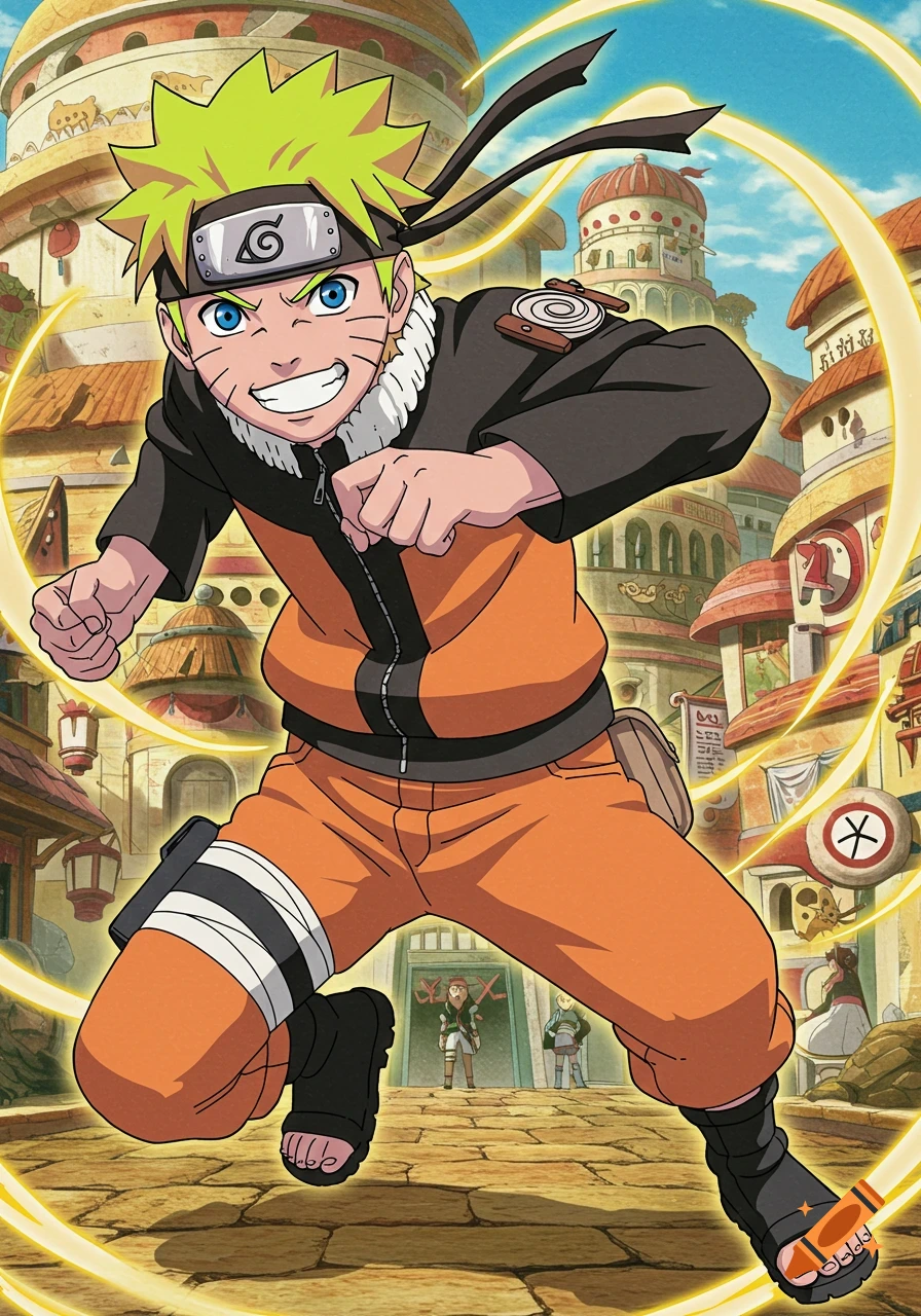 Anime illustration of Naruto Uzumaki running forward in a village.