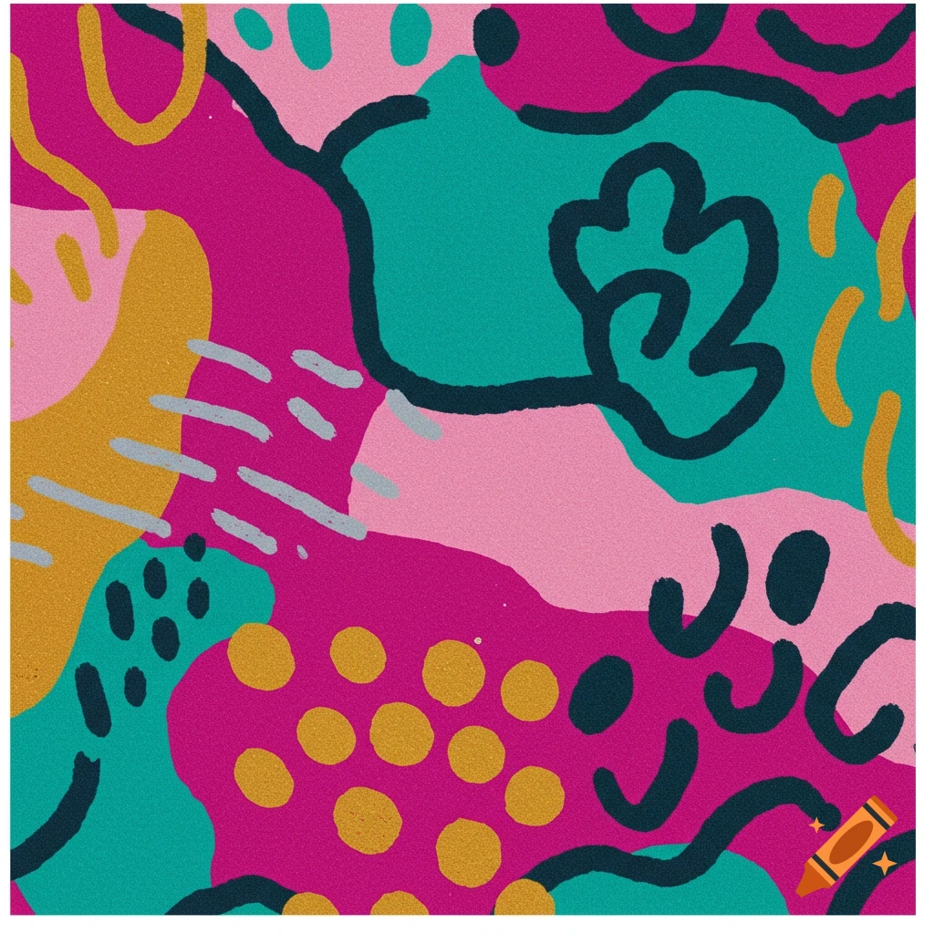 Abstract pattern with pink, teal, yellow, and black shapes.