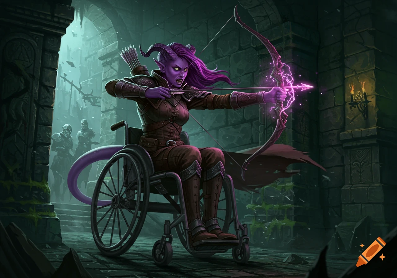 A Tiefling archer in a wheelchair aims a glowing bow in a dark dungeon.