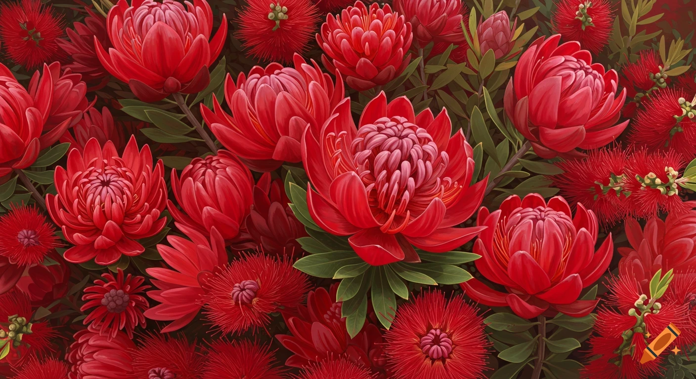 Close-up of red Australian native flowers including Waratahs and Bottlebrush.