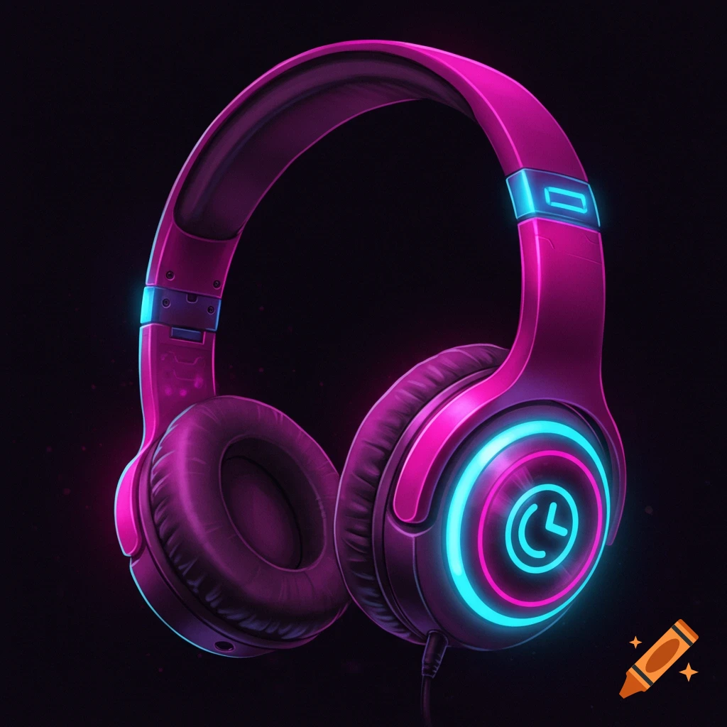 Neon pink DJ headphones with glowing blue accents and a stylized logo on the ear cup.