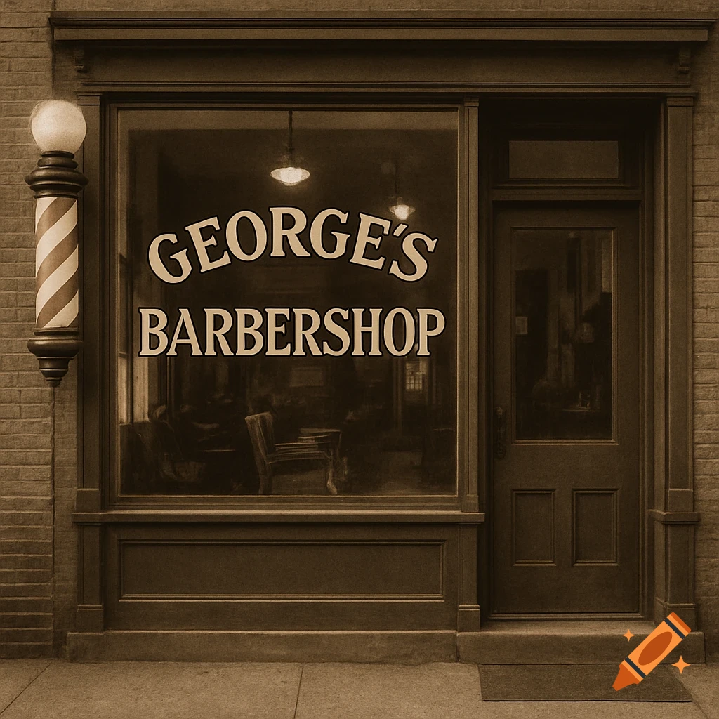 Vintage barbershop storefront with "GEORGE'S BARBERSHOP" sign on the window and a barber pole.