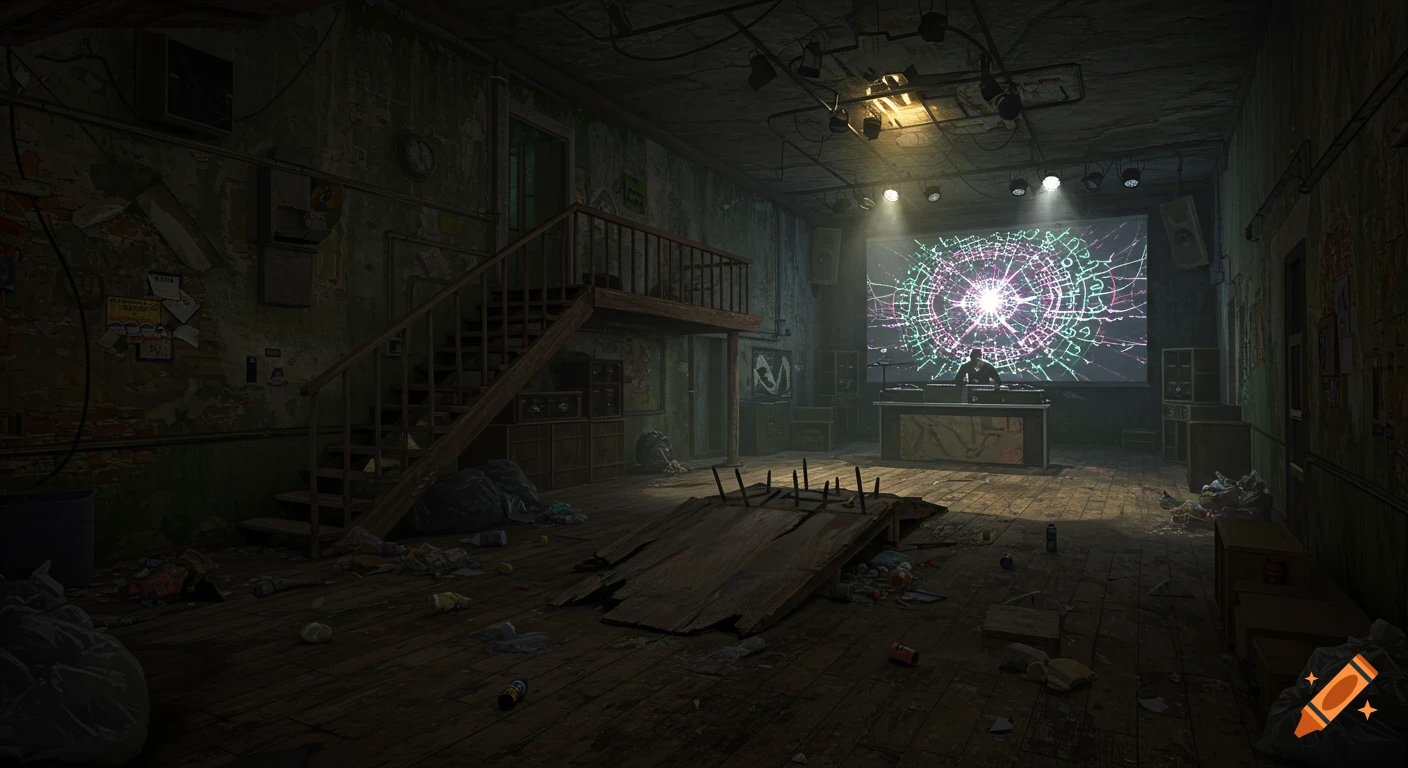 Run-down club interior with DJ stand, abstract visuals on screen, stairs, and debris on the floor, concept art style.