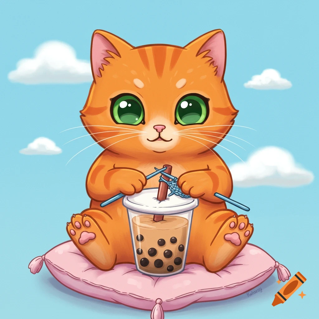 Cartoon cat knitting while sitting on a pink pillow next to a boba tea, under a blue sky.
