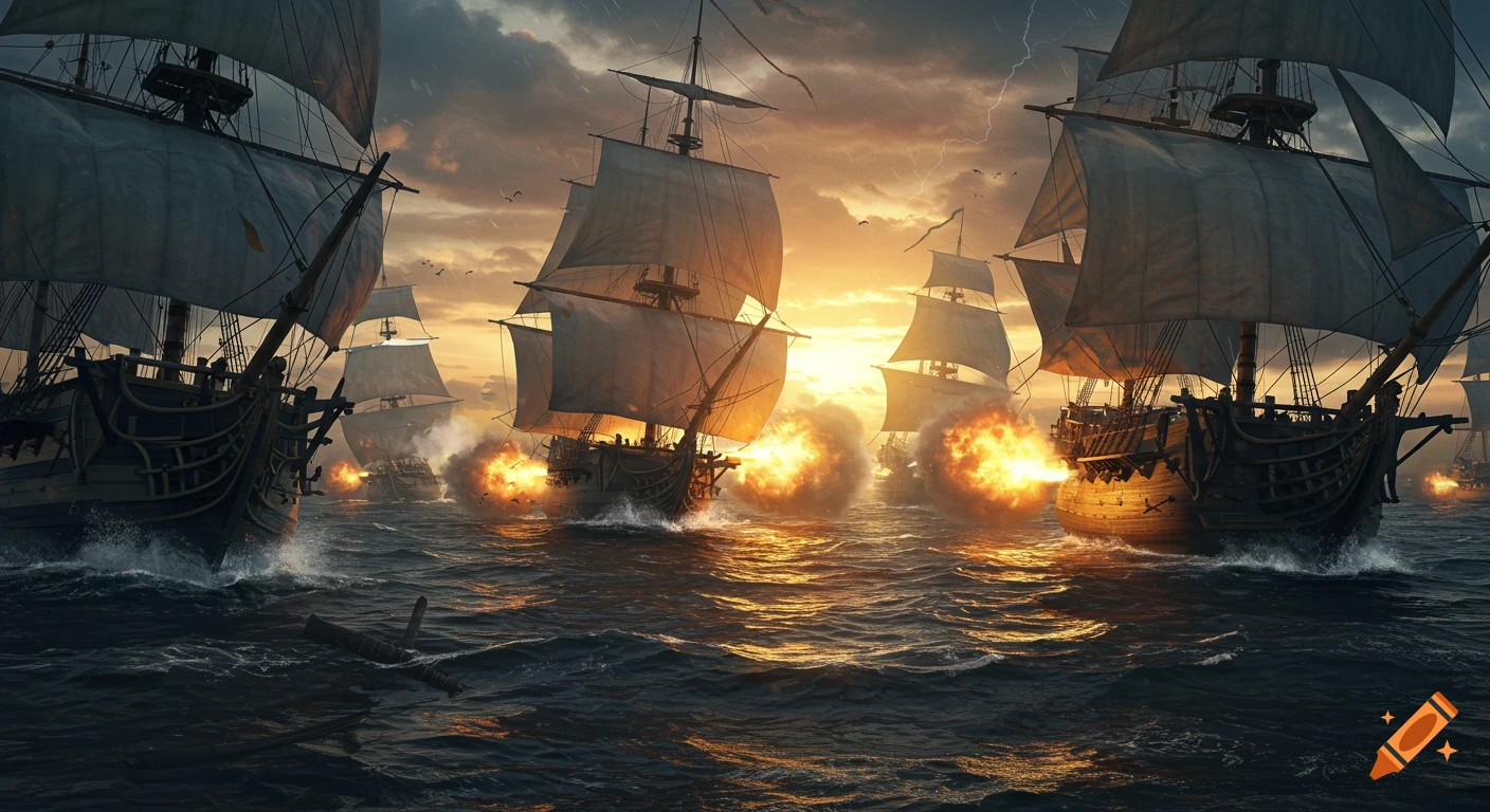 Sailing ships battle at sea with cannons firing under a dramatic stormy sky at sunset.