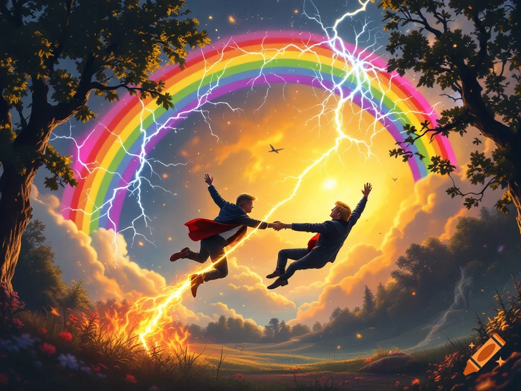 Two men resembling Trump and Musk fly and hold hands under a rainbow and lightning in a park landscape.