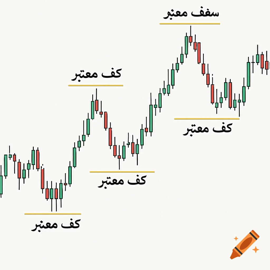 A candlestick stock chart with labels indicating 'valid top' and 'valid bottom' at swing points.