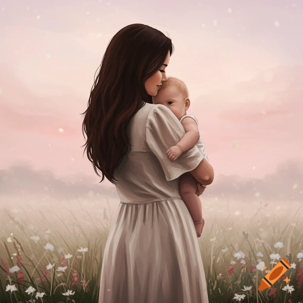 An illustration of a mother holding her baby in a field at sunset.