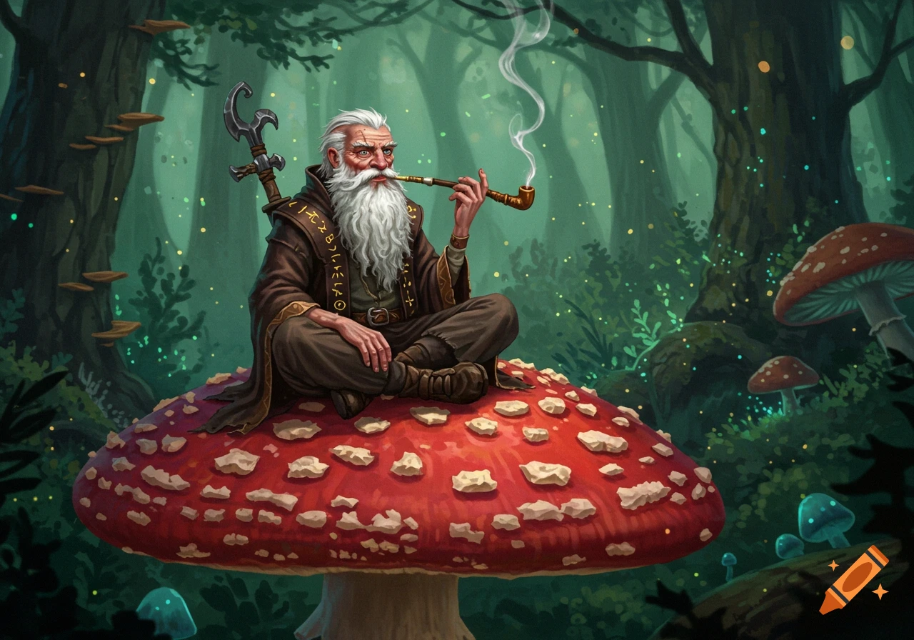 An illustration of a battle-scarred wizard with a white beard sitting on a giant red mushroom in a forest, smoking a pipe.