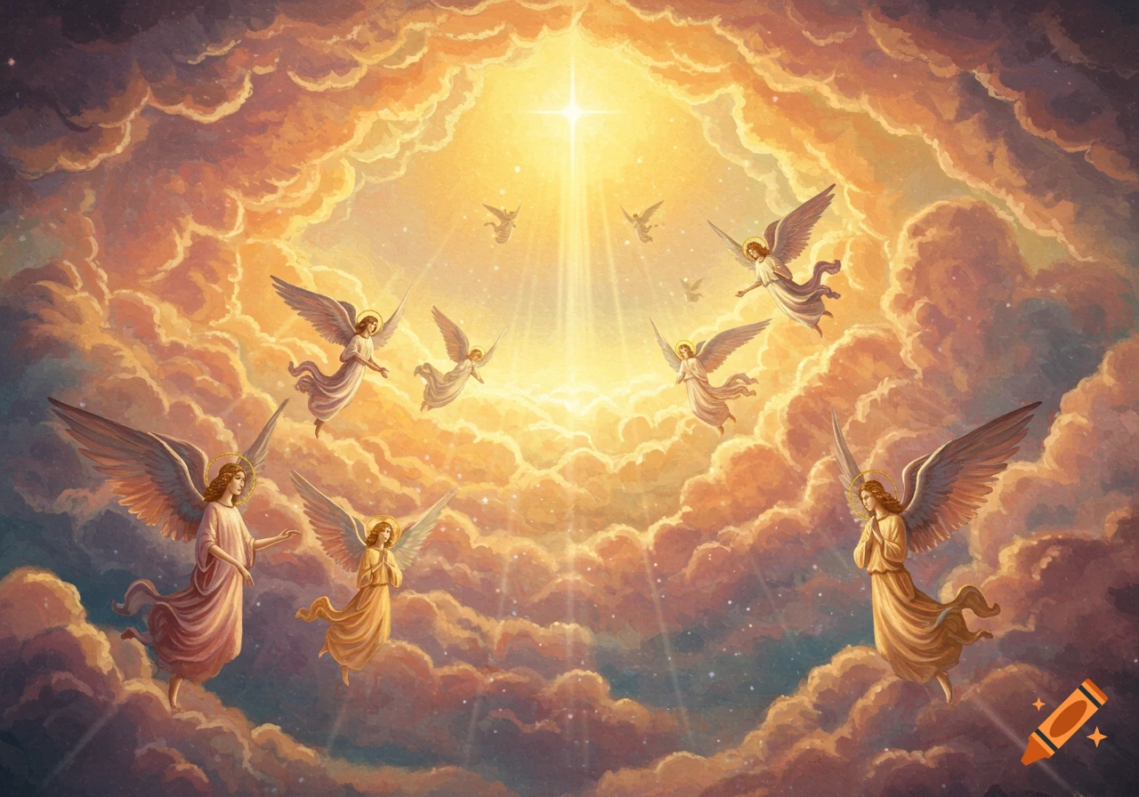 Multiple angels with wings fly in a bright, cloud-filled sky in a painting.