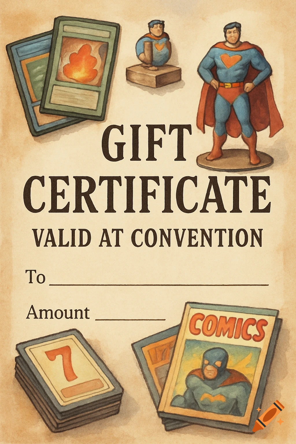 Painted illustration of a gift certificate for convention use, showing trading cards, a superhero figure, and a comic book.