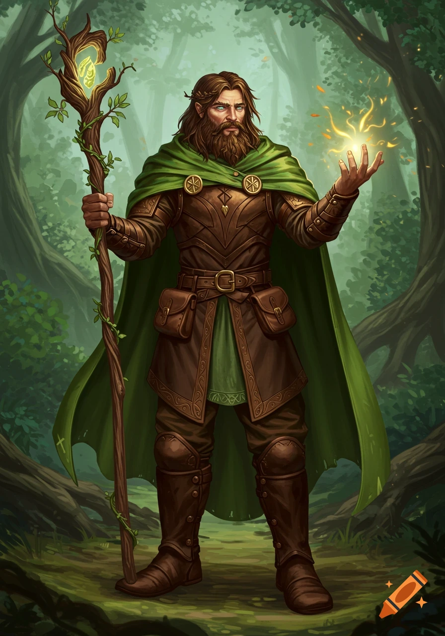 A fantasy illustration of a male cleric or druid with a beard, leather armor, and green cloak, holding a staff and casting a spell in a forest.