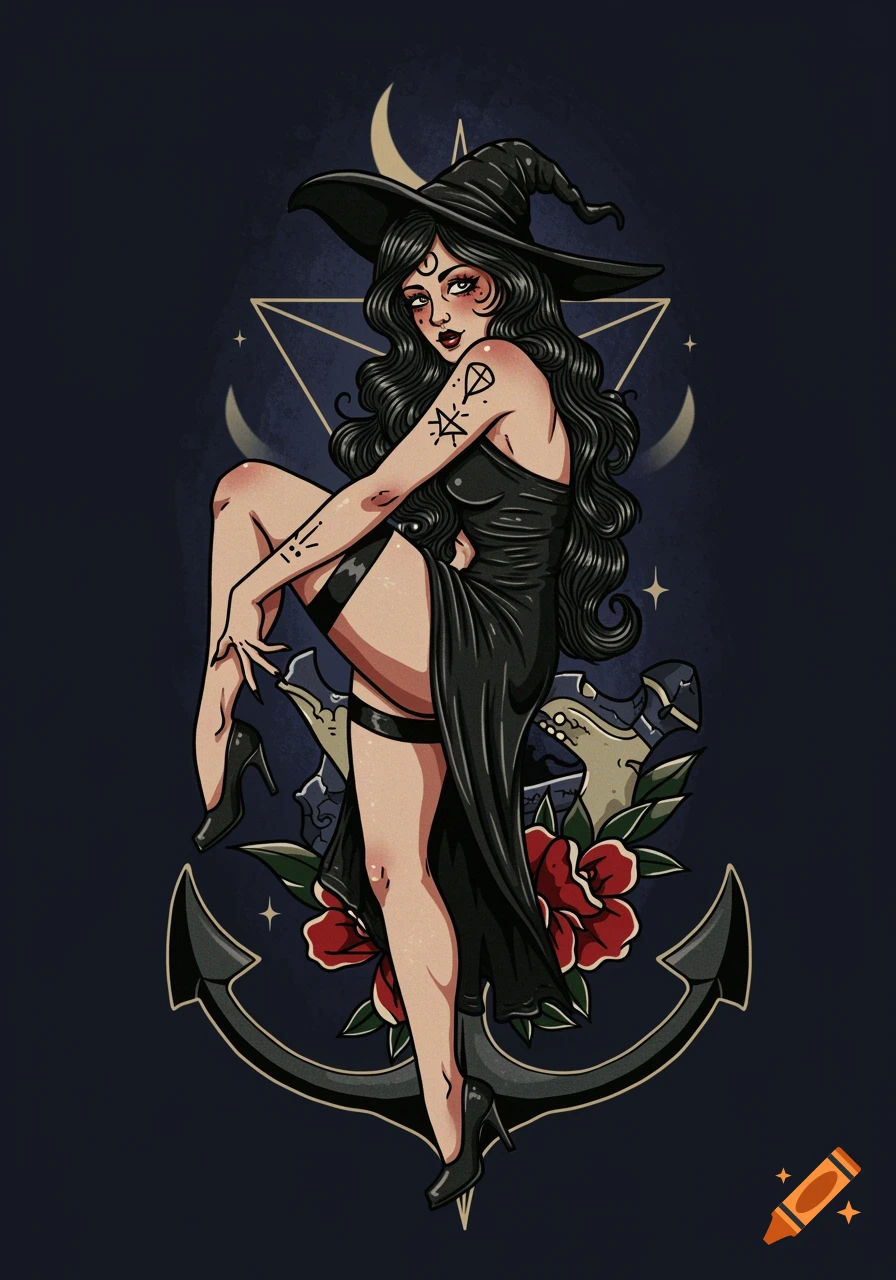 Traditional tattoo style pinup illustration of a witch with occult symbols and an anchor.