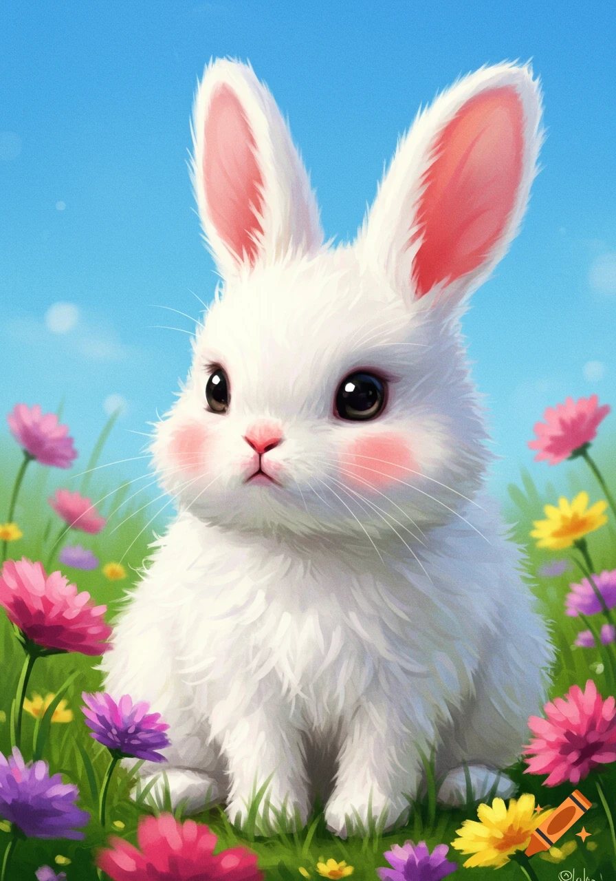 A cute white rabbit sits among colorful flowers in a field. Illustration.