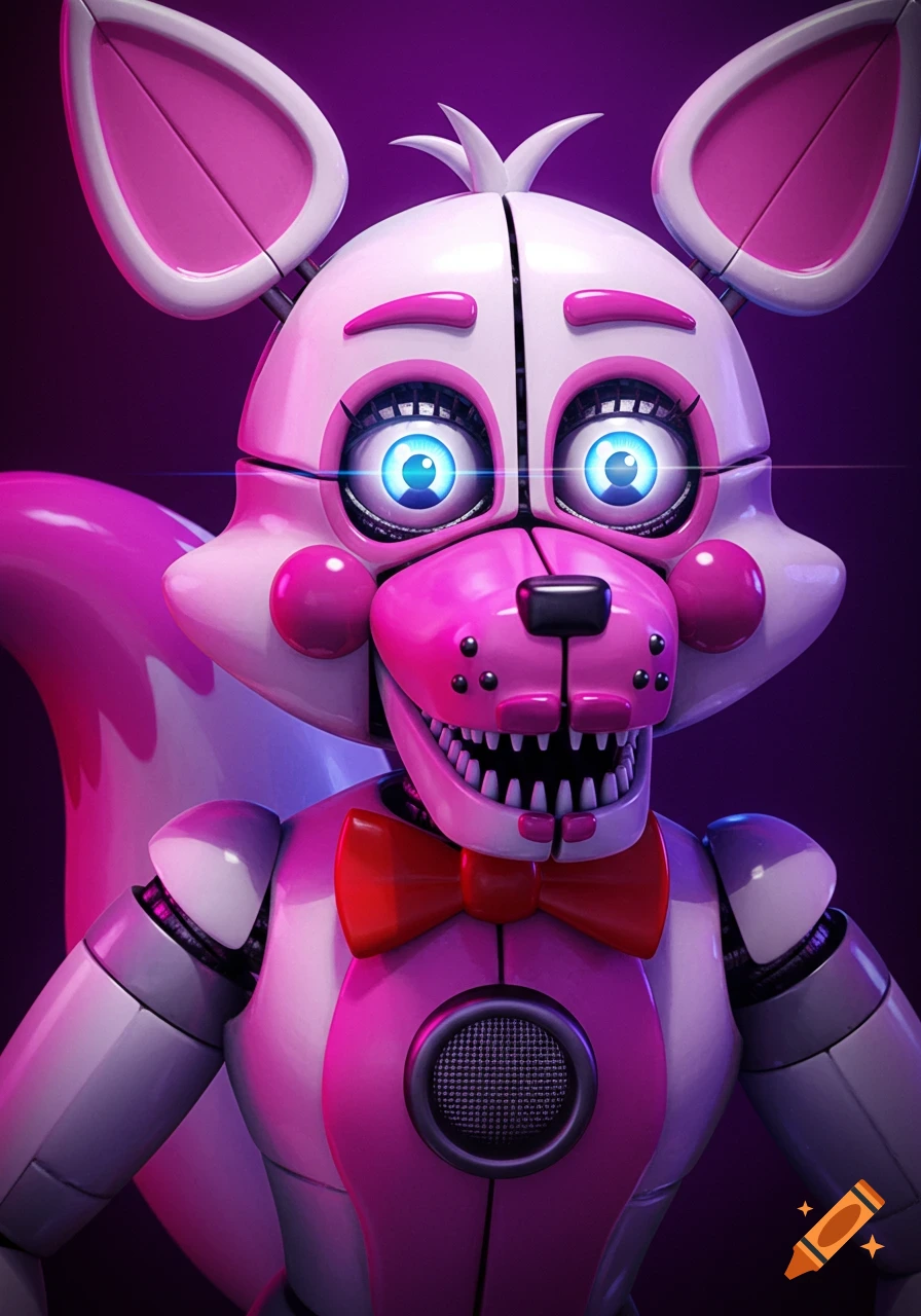 Close-up of Lolbit, a pink and white animatronic fox from Five Nights at Freddy's, with glowing blue eyes and a red bow tie.